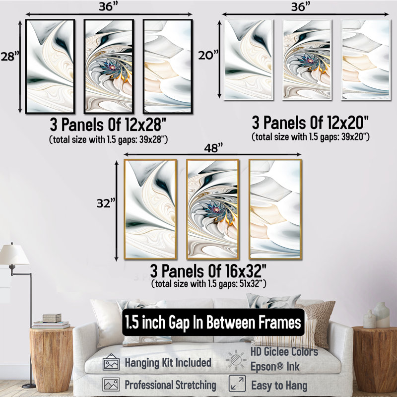 Blanc vitrail - art floral sur toile encadrée, H 32 po x l 48 po x P 1 po, Cadre flottant doré