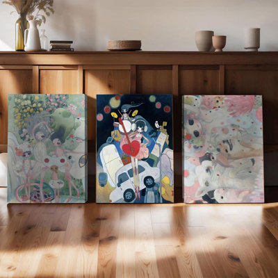 Ensemble de 3 affiches encadrées, toiles fantaisistes, illustrations surréalistes et oniriques avec des filles, des animaux et des rêves vibrants, décoration murale moderne pour salon, chambre et chambre d'enfant, cadeau unique pour les amateurs d'art et de décoration intérieure.