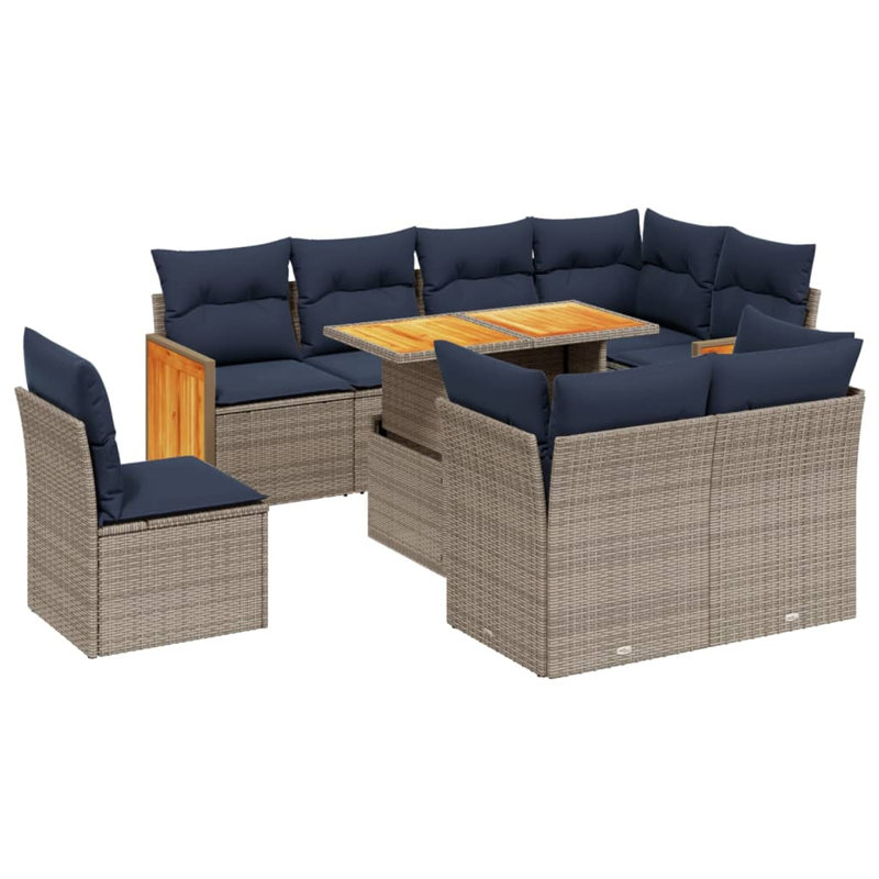  Ensemble de canapé de patio 9 pièces avec coussins en rotin de polyester, Gris, Bleu