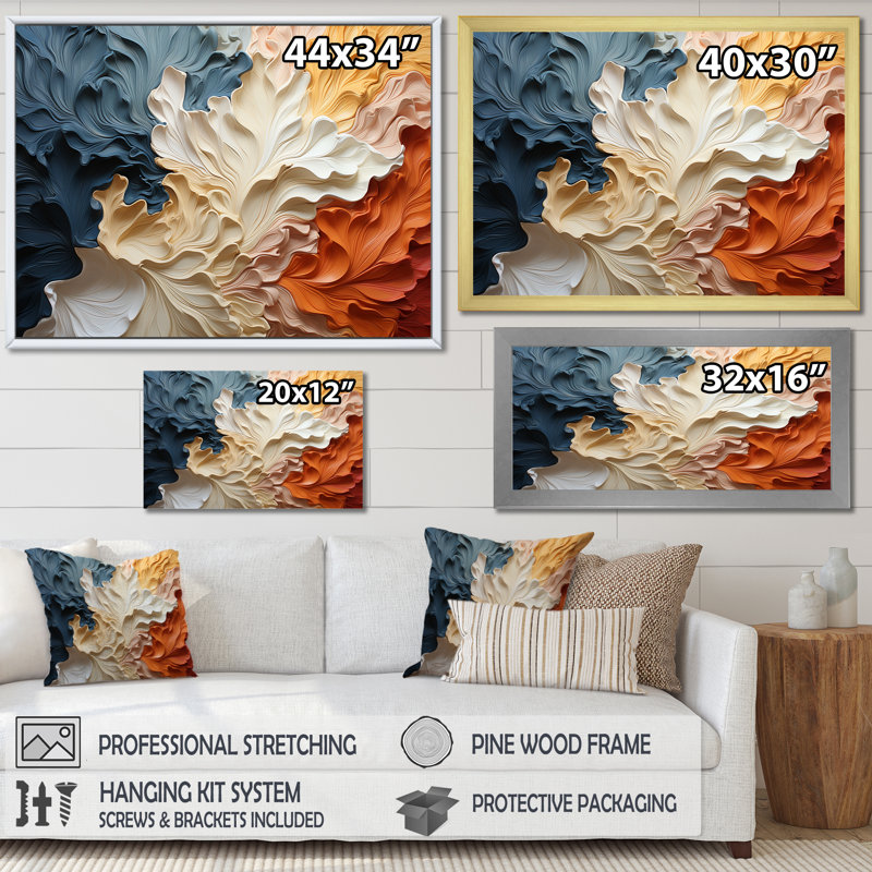 "Custards Collage" beige et orange III - Décoration murale abstraite, Cadre doré simple, H 34 po x l 44 po x P 1,5 po