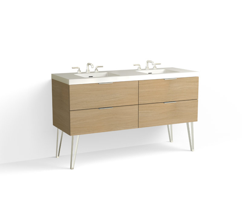 Avila 60" W Freestanding Double Bathroom Vanity with Dawson Leg, Gloss White/8" Widespread, Biondo, Satin Nickel