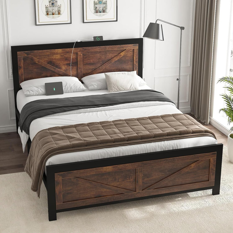 King Size Platform Bed Frame with LED Lights, USB Charging, and Farmhouse Barn Door Headboard, Strong Metal Slats Support, Noise Free, No Box Spring Needed, Brown