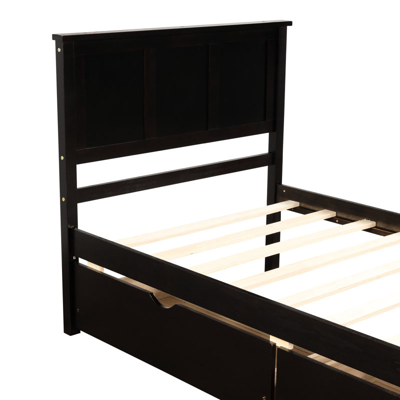 Lit plateforme simple avec 2 tiroirs et roulettes, tiroirs roulants de rangement en bois massif, conçus pour une stabilité à long terme