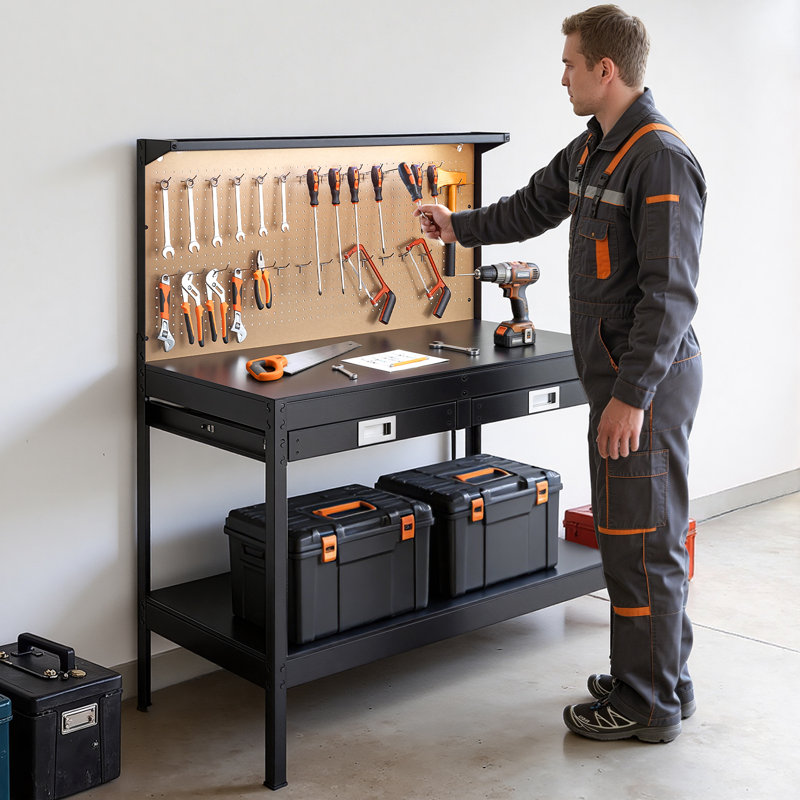Fait en bois massif, capacité de charge de 110 kg, établi robuste de 120 cm avec panneau perforé, 4 prises secteur et 2 ports USB, câble de 1,5 m et 30 crochets, établi de garage avec tiroir pour atelier