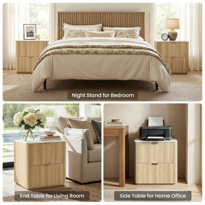 Table de chevet moderne Elaren de 60 cm de haut avec 2 tiroirs, en bois imitation travertin, pour chambre à coucher (ensemble de 2)