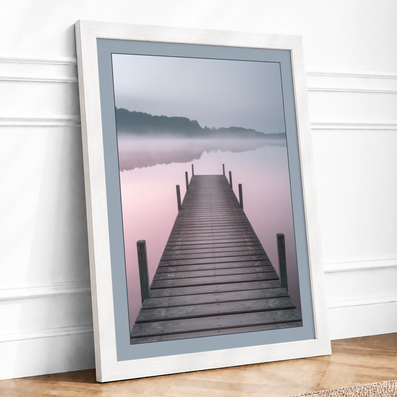 Jetty into Mist Scandinavian - Framed Print, A2 - 59.4 x 42.0 cm, White