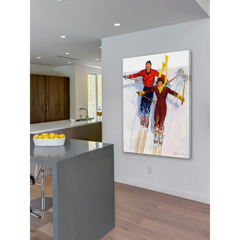 Couple de ski alpin, reproduction sur toile tendue, H 48 po x l 40 po x P 1,5 po