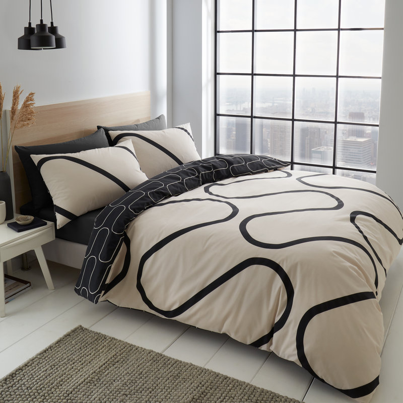Linear Curve Geometric Reversible Duvet Cover Set with Pillowcases, Black, Double Duvet Cover + 2 Standard Pillowcases