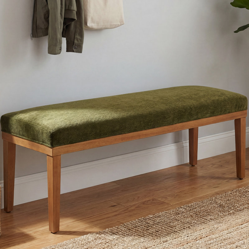 Banc de vestibule moderne avec coussin en tissu, siège de couloir de 53 po pour chaussures, pieds en bois, revêtement vert