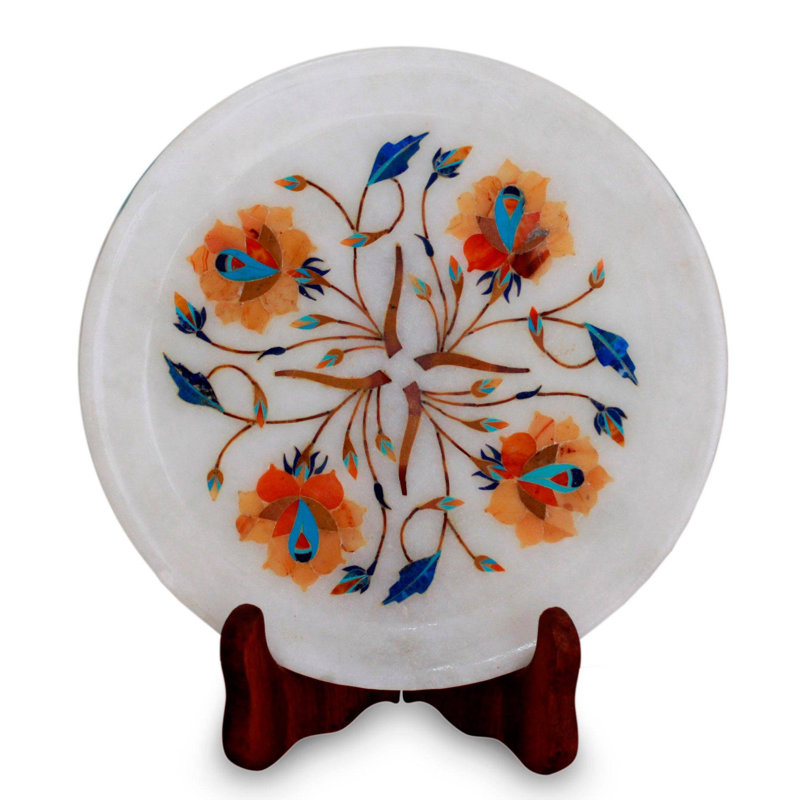 Assiette décorative en marbre summer roses marqueterie Nordquist