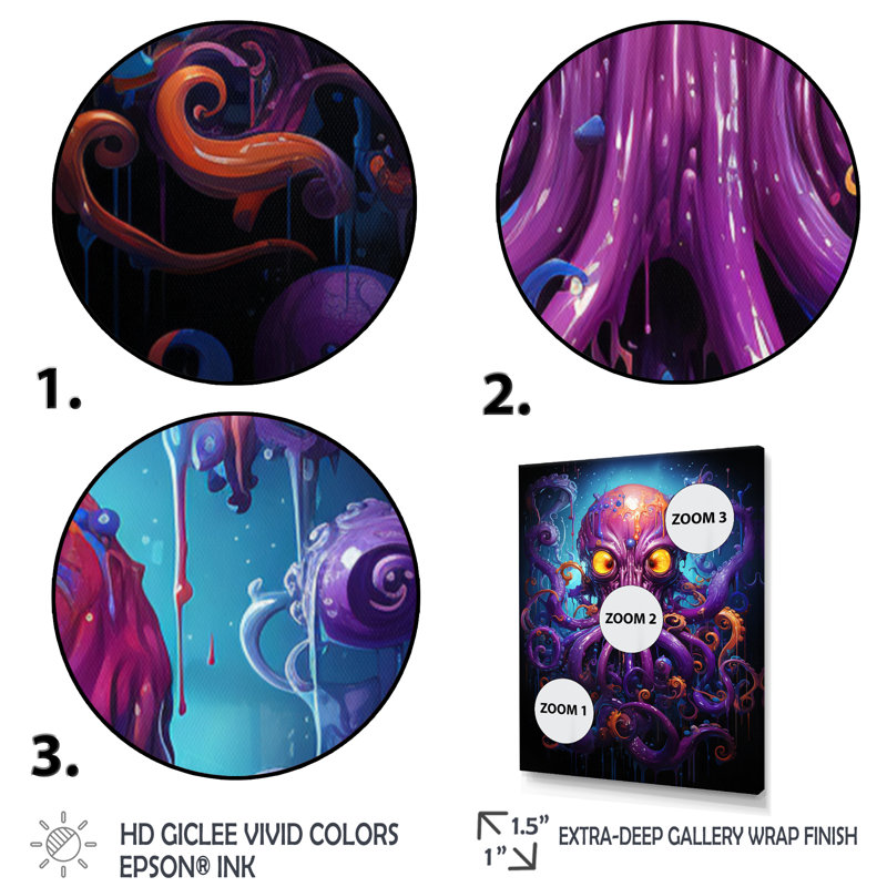 «Purple Animal Electric Octopus Drips», reproduction sur toile, H 20 po x l 12 po x P 1,5 po, Cadre flottant noir