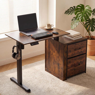 Bureau électrique debout avec tiroirs, petit bureau assis-debout 32 po x 18 po avec rangement, table d'ordinateur à hauteur réglable, 3 préréglages de mémoire, 1 crochet, gestion des câbles, brun rustique