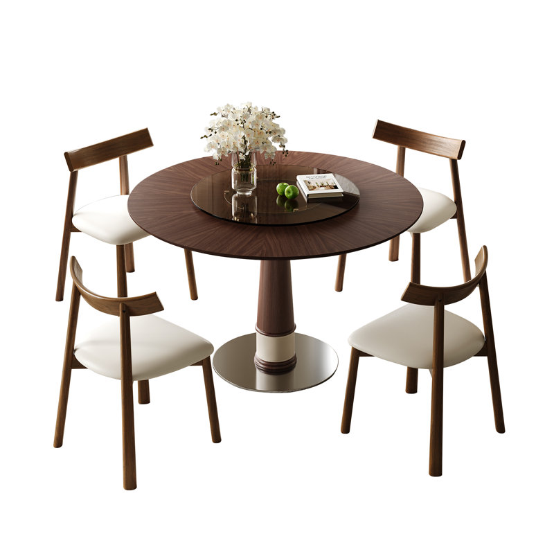 Ensemble de table de salle à manger en bois massif de 47 pouces avec 4 chaises, table ronde avec plateau tournant en verre trempé de 23 pouces et base en acier inoxydable, ensemble de table de cuisine rétro pour bureau de restaurant à domicile