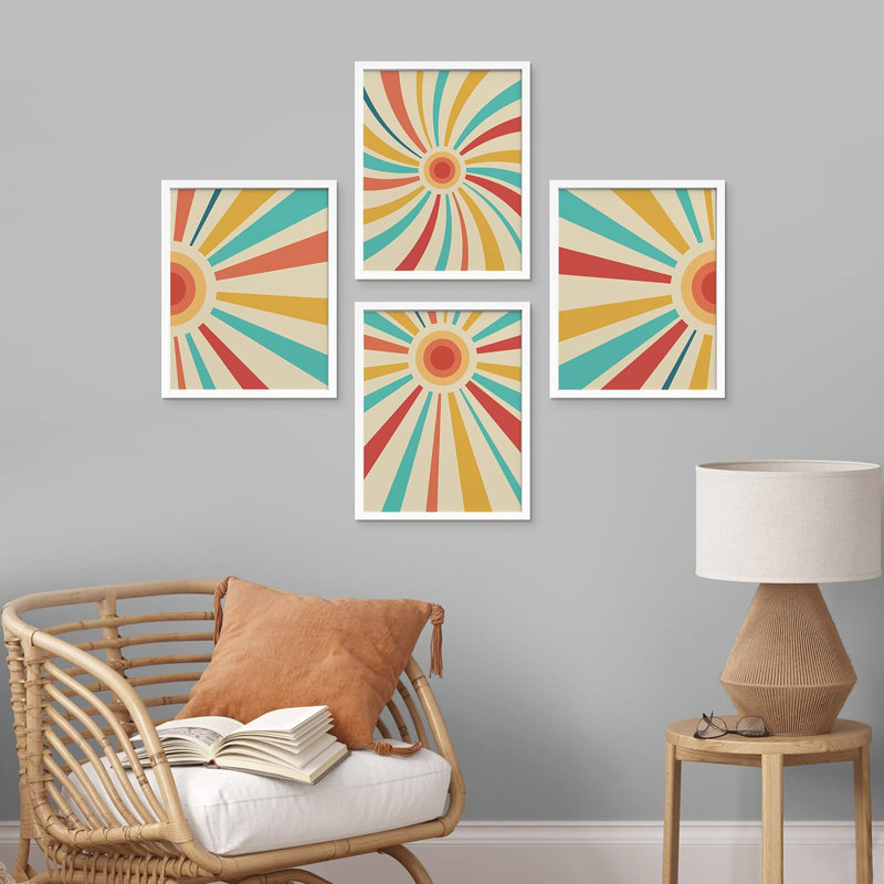 «Mid-Century Modern Retro Sunshine Landscape», ensemble de 4 impressions murales géométriques abstraites encadrées sur papier, impression de 4 pièces