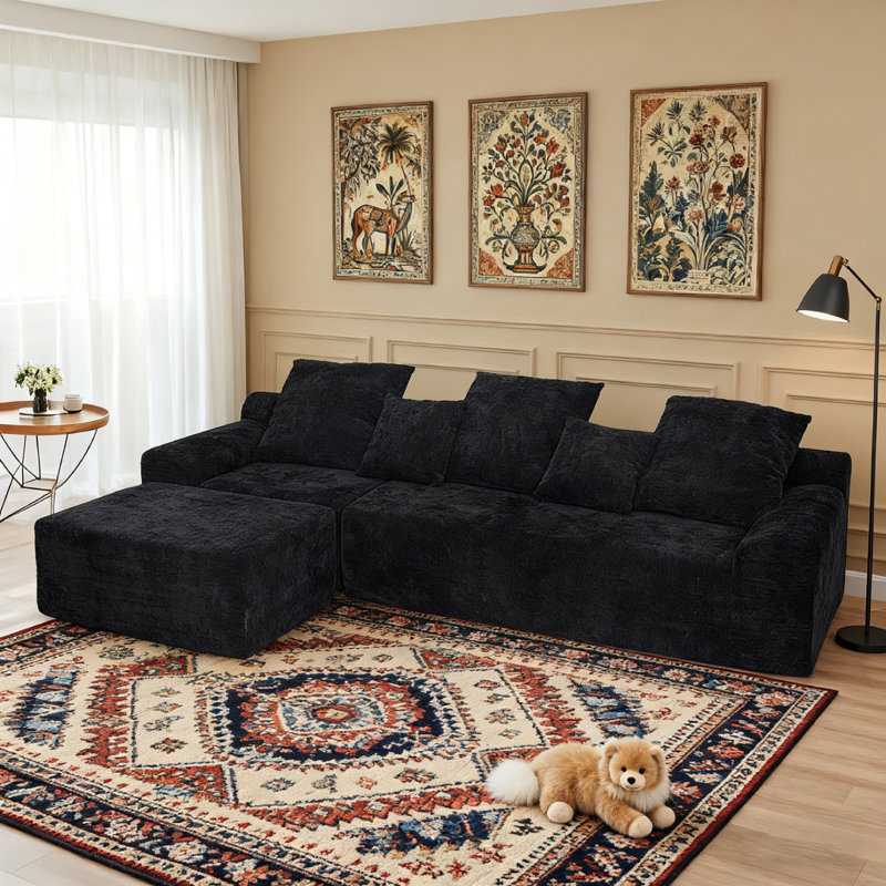 Canapé modulaire rembourré en L de 111 po avec repose-pieds réversible avec repose-pieds 111 po, Noir