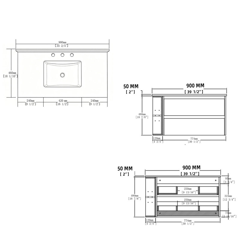 Meuble-lavabo suspendu de 91 cm (36 po) en contreplaqué avec lavabo en céramique (trou de trop-plein), comptoir et dosseret en marbre reconstitué, portes à fermeture amortie, tablette latérale ouverte, noir