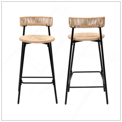 Tabourets de bar tissés à la main avec dossier, ensemble de 2 tabourets ronds en corde de papier avec repose-pieds pour îlot de cuisine et salle à manger