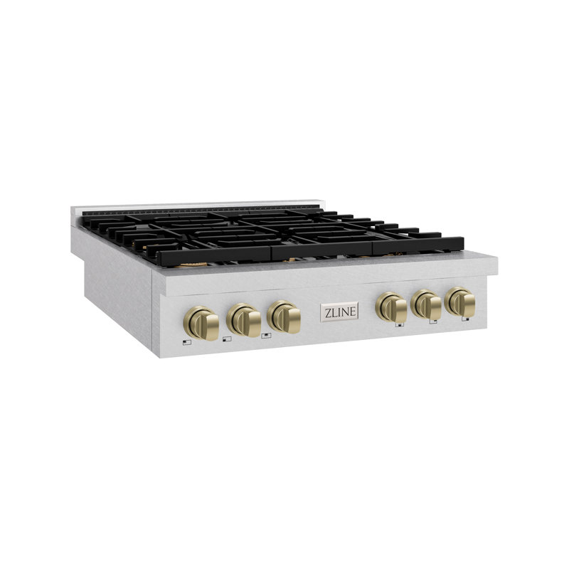 ZLINE 36 in. Autograph Paramount Gas Rangetop in DuraSnow® Steel w/ Bronze Accents, Satin Stainless Steel/Champagne Bronze
