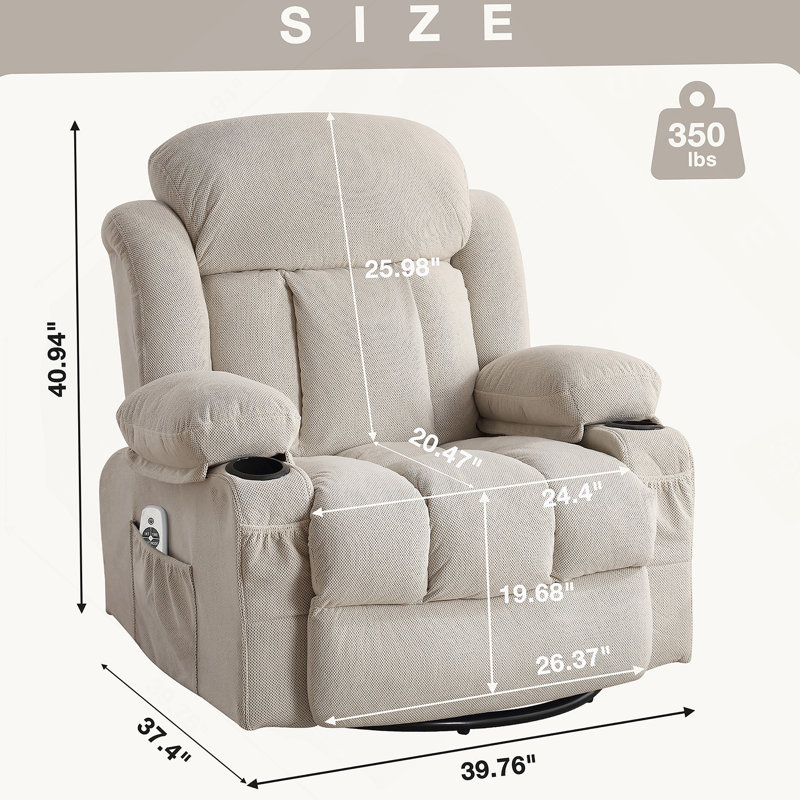 Canapé inclinable et chauffant, avec port USB et 2 porte-gobelets dans les poches latérales,, Beige