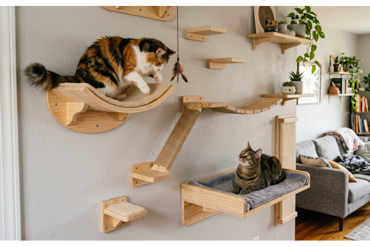 A modern living room featuring an elaborate, wall-mounted wooden cat climbing system. A long-haired calico cat sits on a curved, padded hammock perch on the left, looking down at a feather toy. Below and to the right, a tabby cat relaxes on a flat, gray cushioned platform, looking upward. The wooden assembly includes smaller steps, a sisal-wrapped ramp, a suspension bridge, and decorative floating shelves holding small potted plants, with a gray sofa visible in the background.