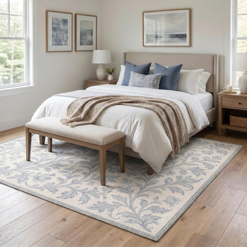 Tapis floral ivoire / bleu lavable à la machine avec envers antidérapant, Rectangle 9' x 12'