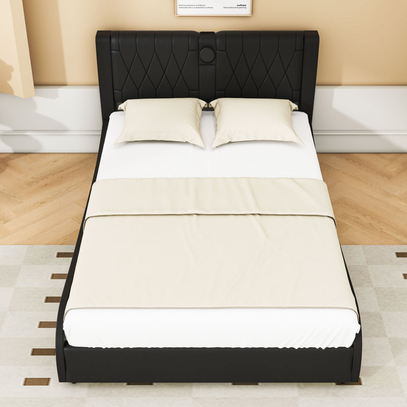 Upholstered Platform Bed with Bluetooth Speakers and LED Light, Black, Full