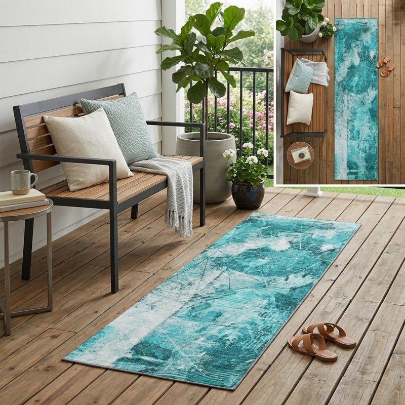 8' Runner Teal Floral Washable Non Skid Indoor Outdoor Runner Rug