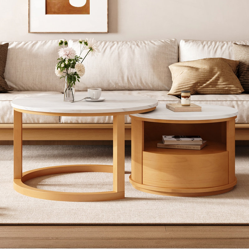 Table basse ronde gigogne avec rangement à 2 niveaux et 1 tiroir