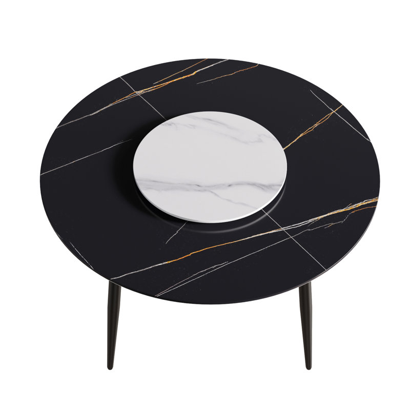 Four-Leg Round Sintered Stone Dining Table With Lazy Susan, Black, Black/White