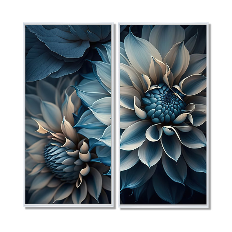Fleurs de dahlia bleu et blanc II - impressions d'art sur toile bleues, 32" H x 32" W, Wrapped Canvas, Does Not Apply