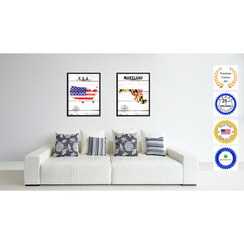 Maryland State Vintage Flag - Reproduction d'art graphique sur toile encadrée, H 9 po x l 7 po