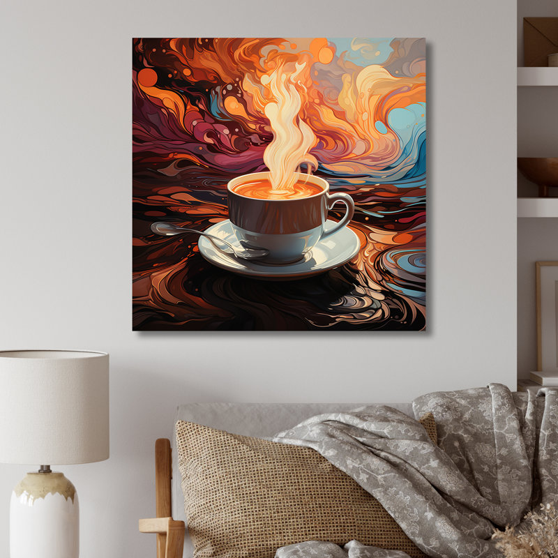 «Yellow Steaming Cup Of Coffee III» - art mural en métal café, H 29 po x l 29 po x P 1,5 po