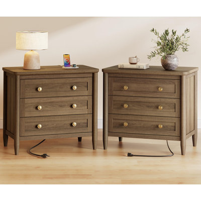 27''H Tall Nightstands Set of 2, Hidden Charging Station | 27.6" W Farmhouse Night Stand with USB-C Port, Bed Side Tables with Wood Feet, Larger End Table for Bedroom
