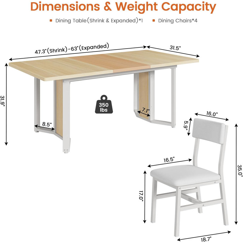 5-Piece Dining Table Set For 4-6 People, 63" Extendable Kitchen Table And 4 Cushion Chairs, Dining Room Table With Mdf Board & Metal Frame For Small Space, Easy Clean