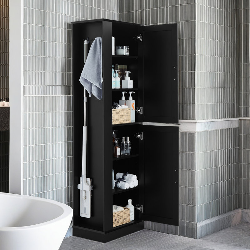 Grande armoire de rangement pour salle de bain, armoire de rangement autoportante avec crochet et tablette réglable, panneau de fibres à densité moyenne, 