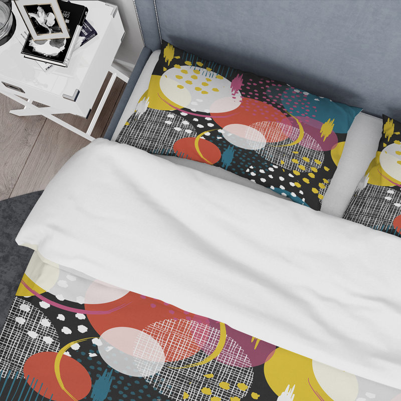 Ensemble de housse de couette en microfibre noir / rouge / jaune 2 pièces, Housse de couette pour grand lit et 2 taies décor
