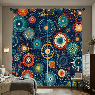2 Panels Light Filtering Curtains, Round Geometric Mandala Abstract Ethnic Print Boho Style Home Decor, Rod Pocket Easy Installation Window Drapes for Living Room Bedroom and Cabinet Decoration