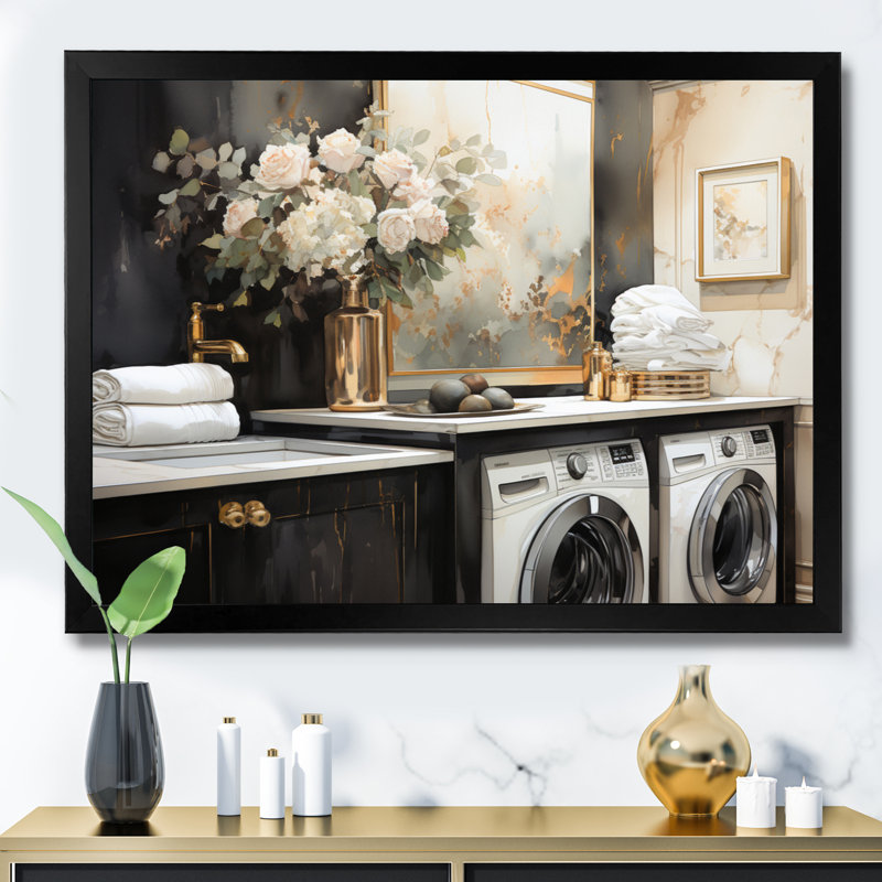 Blanchisserie Art déco II - Art mural, Cadre simple noir, H 16 po x l 32 po x P 1 po