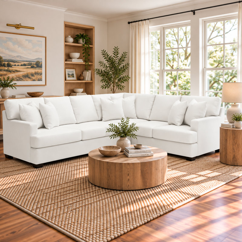 Canapé modulaire de coin large de 125 po Emilio, Blanc sergé décoloré classique, Accoudoir à droite (vu de face)