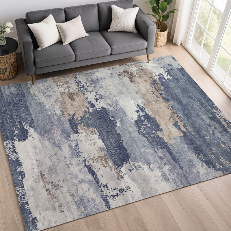 Tapis abstrait lavable à la machine de qualité supérieure Mayfield AMF2372, Marine, 9 pi x 12 pi