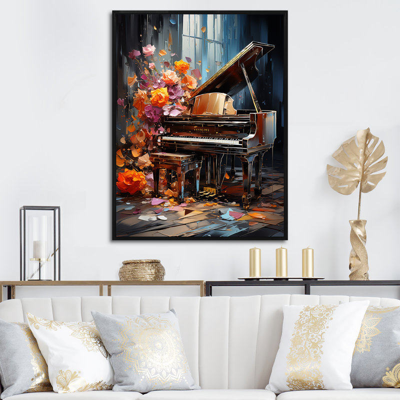 Floral Floral Magic Melody I - Piano, art mural, Cadre flottant noir, H 32 po x l 16 po x P 1 po