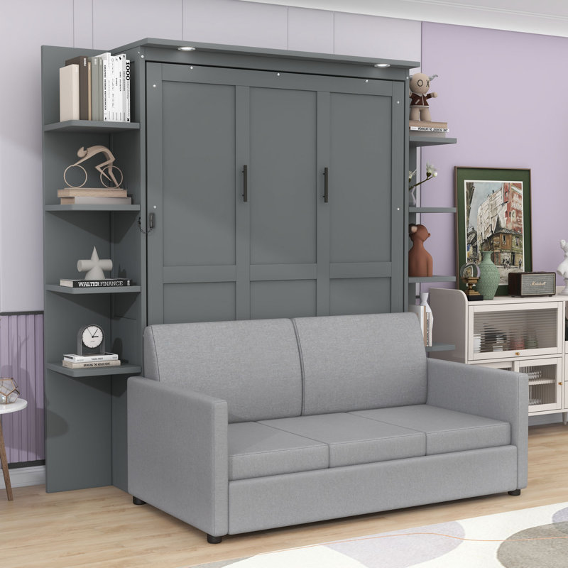 Grand lit escamotable en bois avec canapé, gris