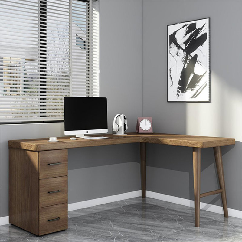 Bureau double caisson en L en bois massif avec 3 tiroirs, H 29,53 po x l 55,12 po x P 39,37 po, Retour à droite