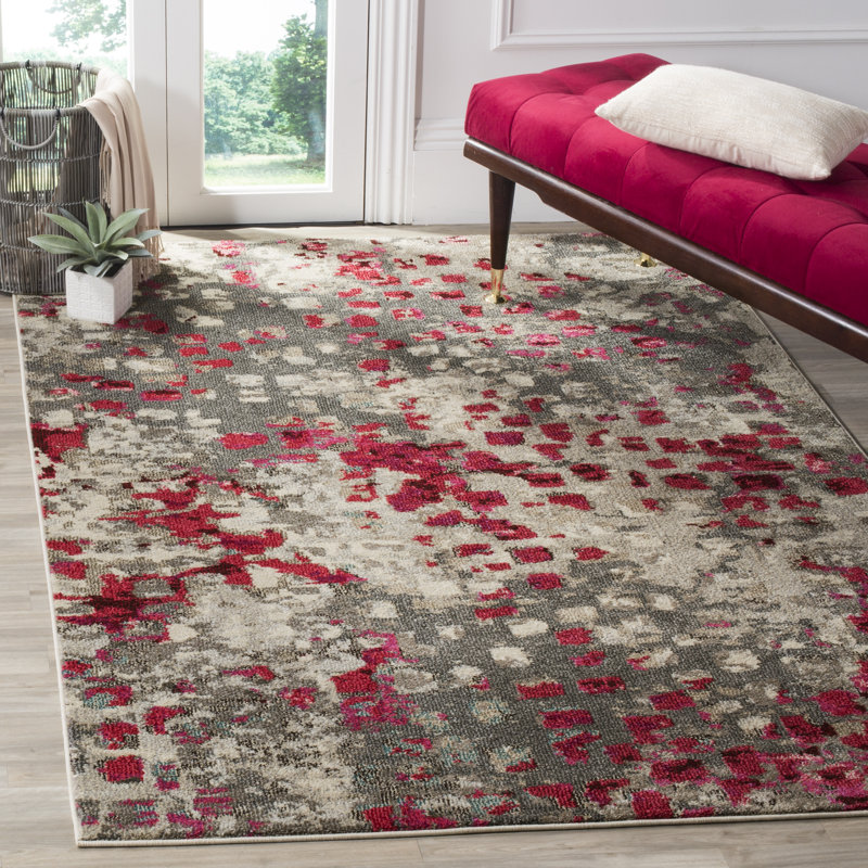 Hertzler Abstract Area Rug, Rectangle 9' x 12', Grey/Fuchsia
