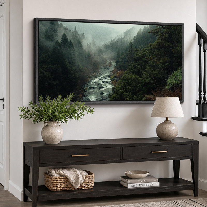 Mystical Misty Forest River Modern Art Extra Large Artwork Print Wall Art, 30" H x 60" W, Black