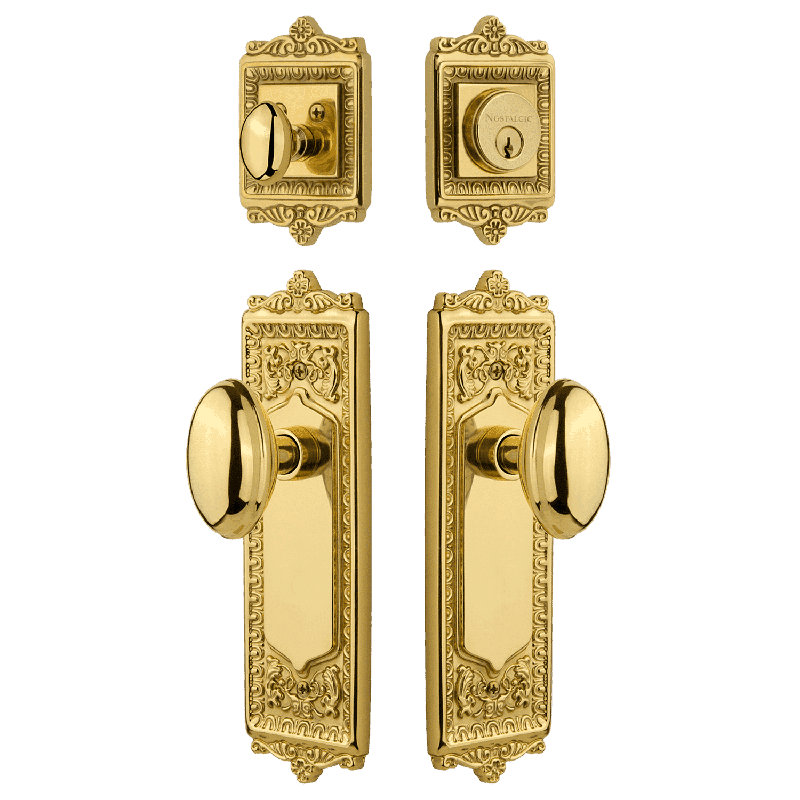 Nostalgic Warehouse Egg & Dart Entry Set with Homestead Knob, Polished Brass, 2.375