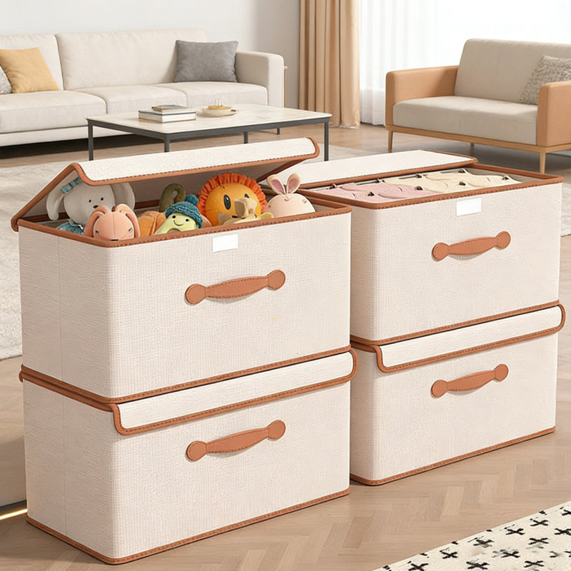 4 Pack Fabric Foldable Storage Bin Cube Organizer Basket with Flip-Top Lid & Handles, Clothes Blanket Box for Home, Office, Closet, Beige