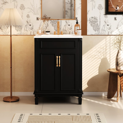 Meuble-lavabo de 24 pouces avec planches, style rétro et deux portes, pour optimiser le rangement du bassin en céramique brillante, charnières, poignée en métal exquis, organisation moderne