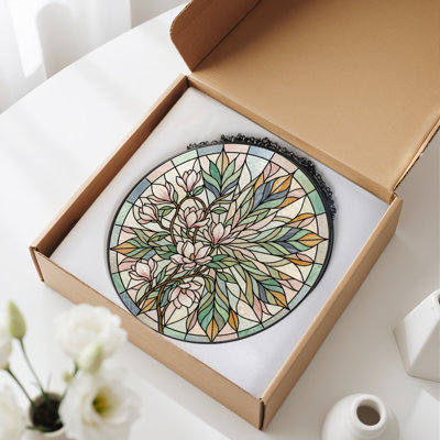 Floral Stained Stained Glass Window Panel，12"H
