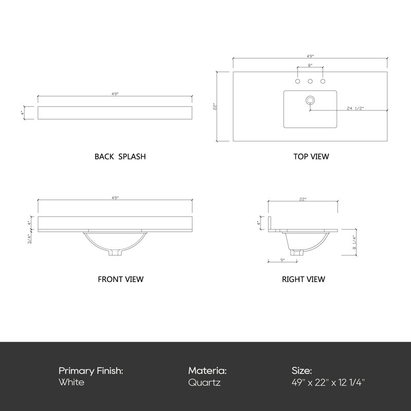 Bianco Bella 49'' White Quartz Undermount Single Sink Vanity Top